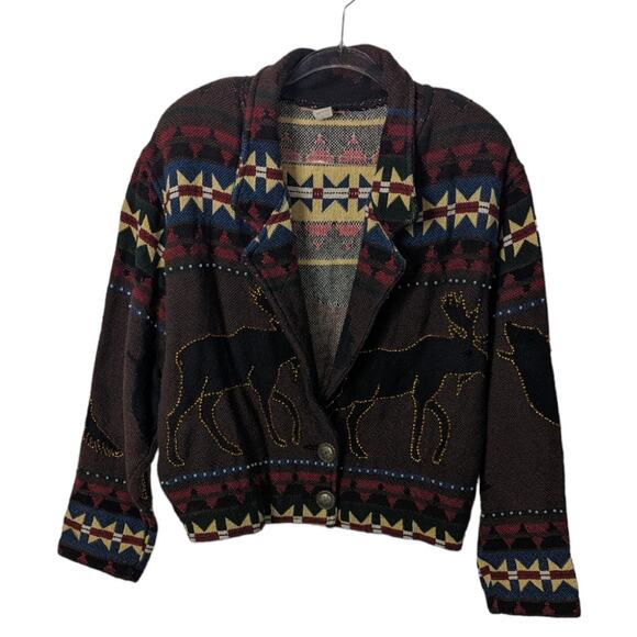 Vintage Painted Pony Moose Bear Coyote Print Cropped Tapestry Jacket Beaded - Picture 1 of 11